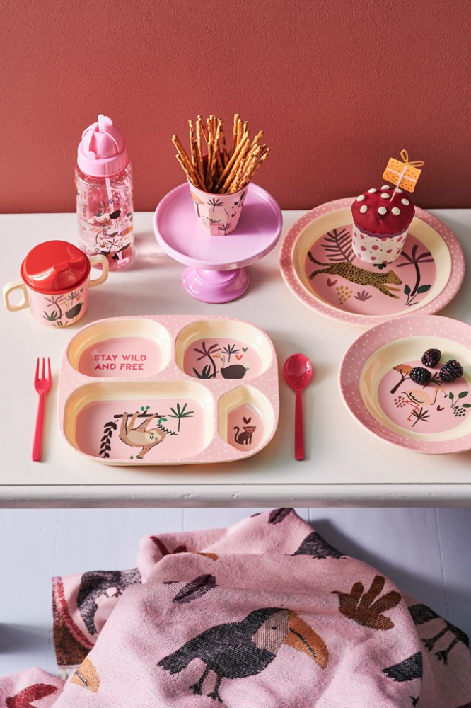 Jungle Pink Print Baby 4 Piece Melamine Dinner Set in Gift Box By Rice